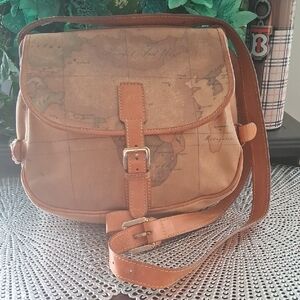 Alviero Martini Tan Brown Map-Print Leather Messenger Bag